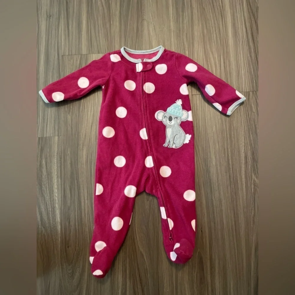 Carter's baby girl White and Purple polka dots koala Footie pajamas size 6M